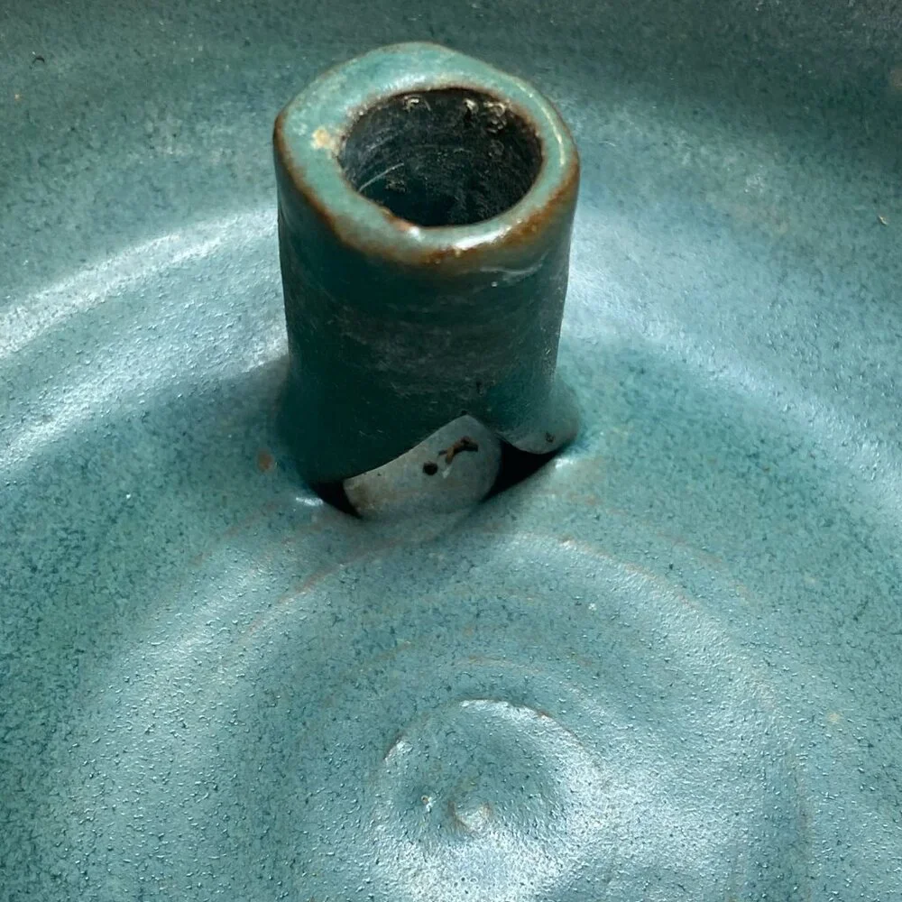 Handmade Studio Pottery Seafoam Celadon Ikebana Flower Frog Bowl Vintage‎ 4.5”